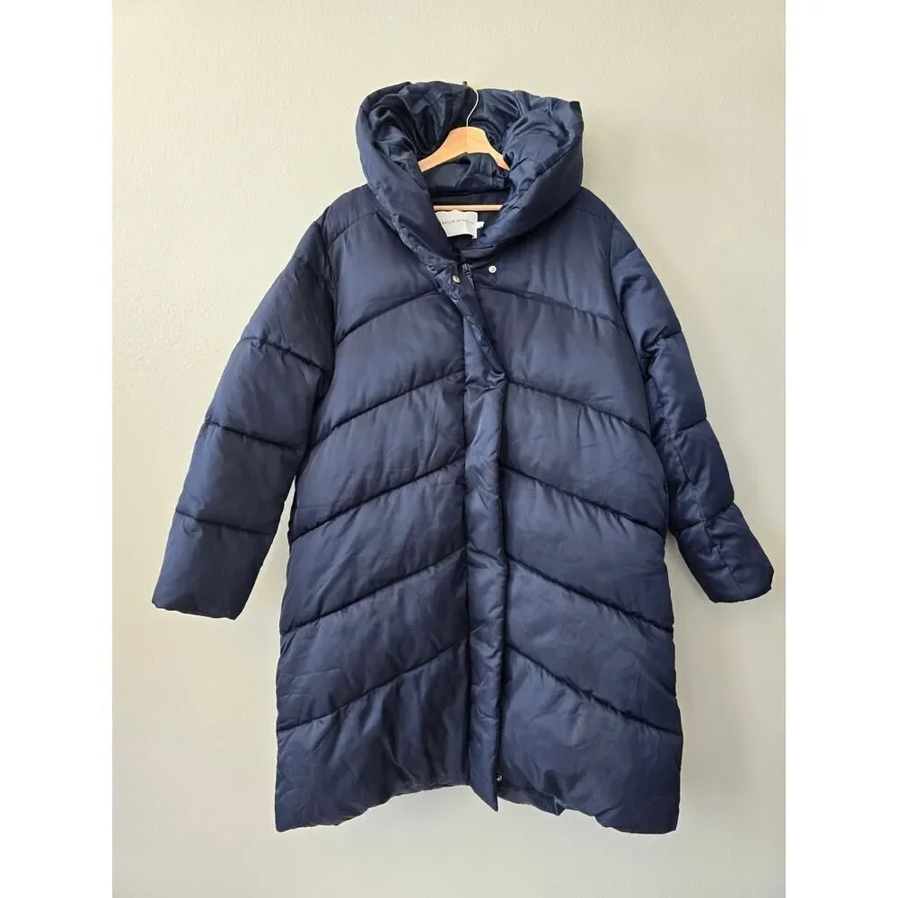 Rebecca Minkoff Navy Hooded Quilted Vegan Down Puffer Coat XL NWT Cozy Outwear